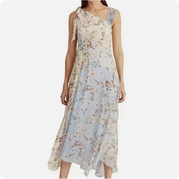 Lauren Ralph Lauren Dresses & Skirts - Lauren Ralph Lauren Floral Asymmetrical Hem Bow Georgette Dress in Blue Multi